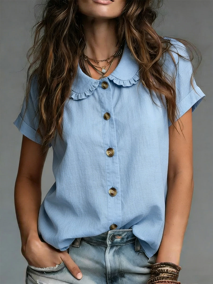Cozy Minimalist Short-sleeve Peter Pan Collar 100% Cotton T-shirt