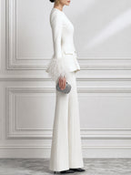 Feather-Cuff Long Sleeve Peplum Top & Flare Pants Two-Piece Set