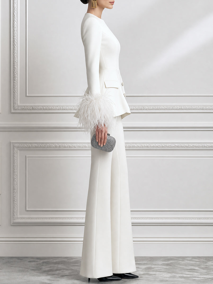 Feather-Cuff Long Sleeve Peplum Top & Flare Pants Two-Piece Set