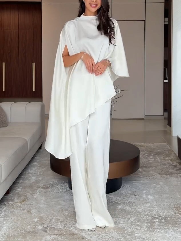 White Satin Irregular Top And Pants Two-piece Set