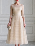 Boat-Neck Grid-Texture 3/4 Sleeve A-Line Midi Dress