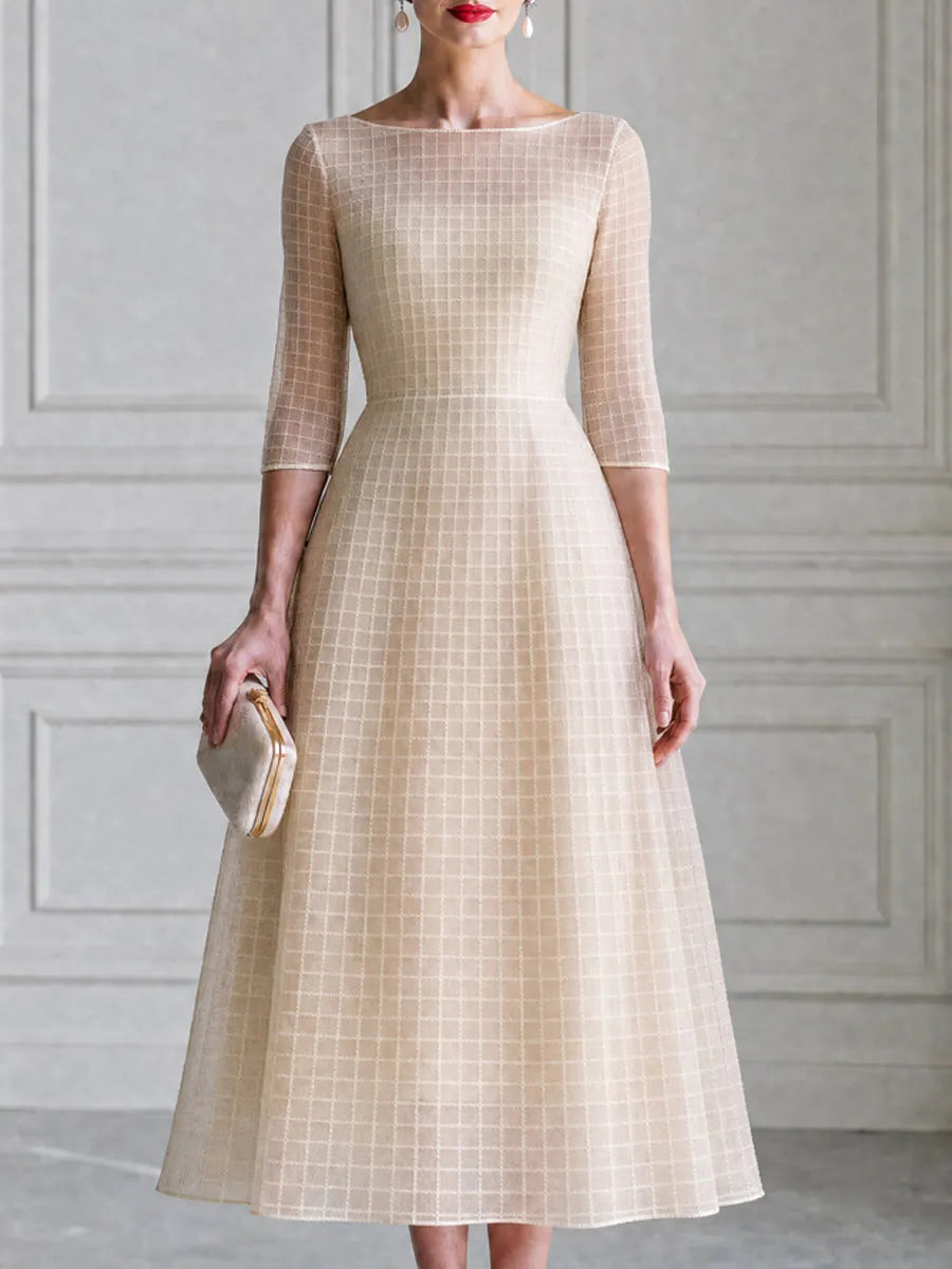Boat-Neck Grid-Texture 3/4 Sleeve A-Line Midi Dress