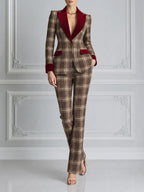 Brown Plaid Preppy Velvet Lapel Blazer & Flare Pants Set