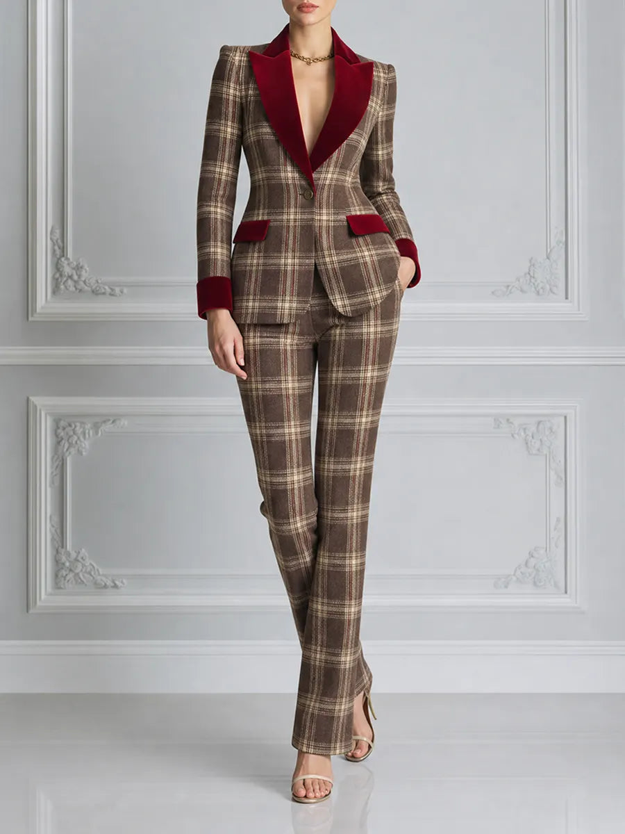 Brown Plaid Preppy Velvet Lapel Blazer & Flare Pants Set