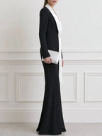 Contrast Shawl Collar Long Sleeve Wide Leg Jumpsuit