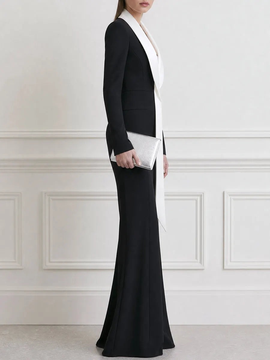 Contrast Shawl Collar Long Sleeve Wide Leg Jumpsuit
