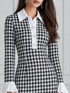 Houndstooth Contrast Collar Ruffle Flounce Cuffs & Hem Midi Dress