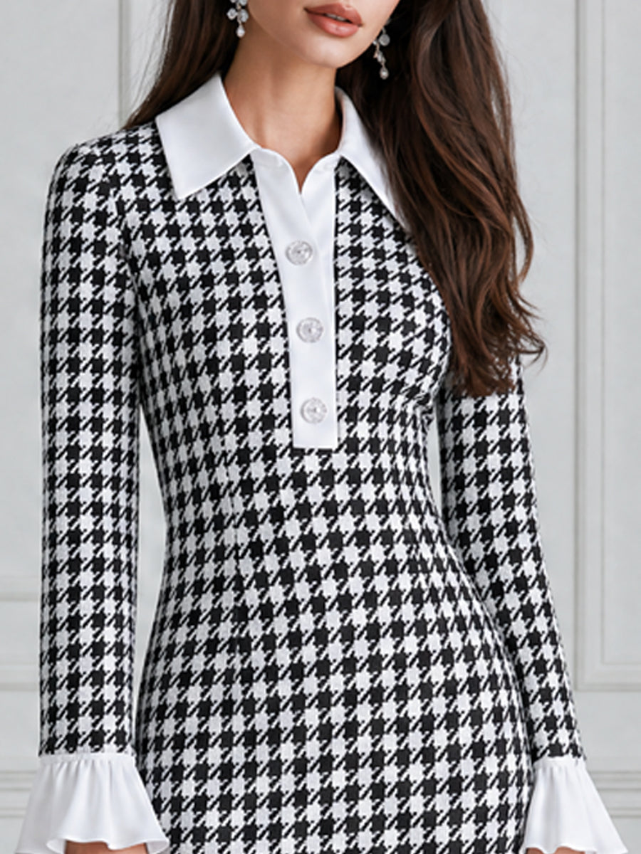 Houndstooth Contrast Collar Ruffle Flounce Cuffs & Hem Midi Dress