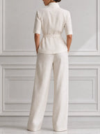 Ivory Linen Stand Collar Belted Jacket & Wide Leg Trousers Two-Piece Suit Set