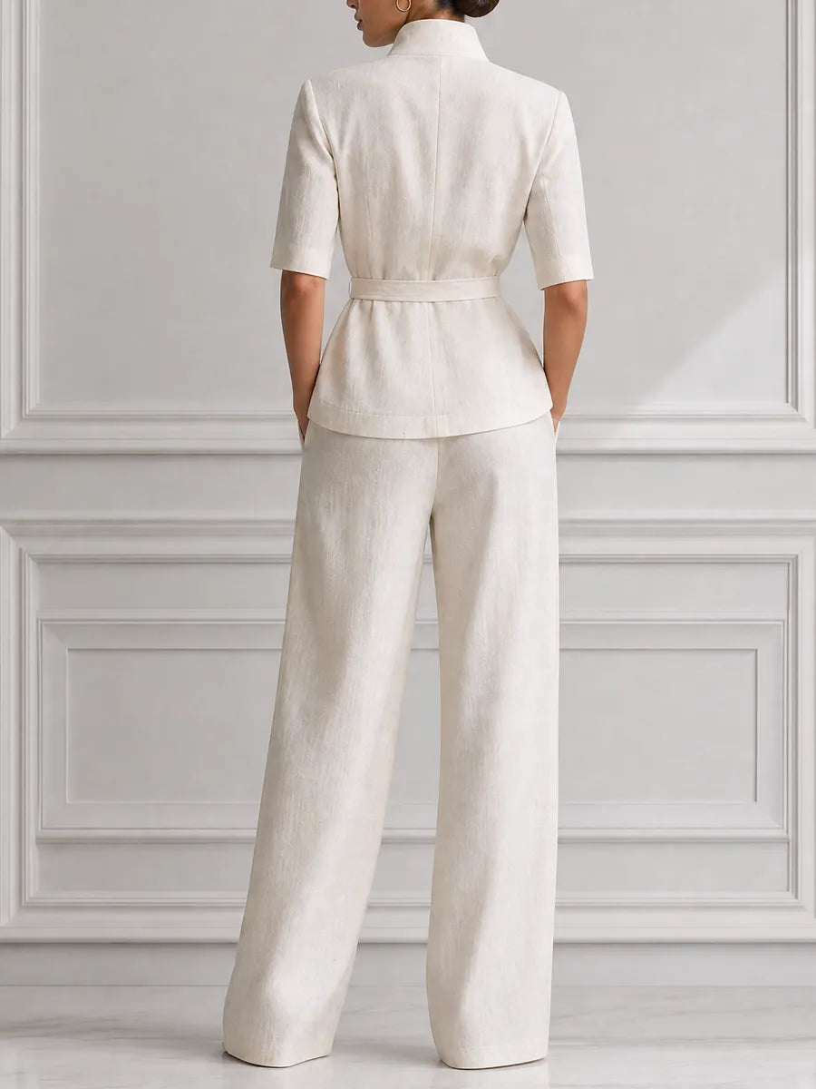Ivory Linen Stand Collar Belted Jacket & Wide Leg Trousers Two-Piece Suit Set