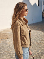 Retro Street Vibe Khaki Suede Effect Cropped Bomber Jacket