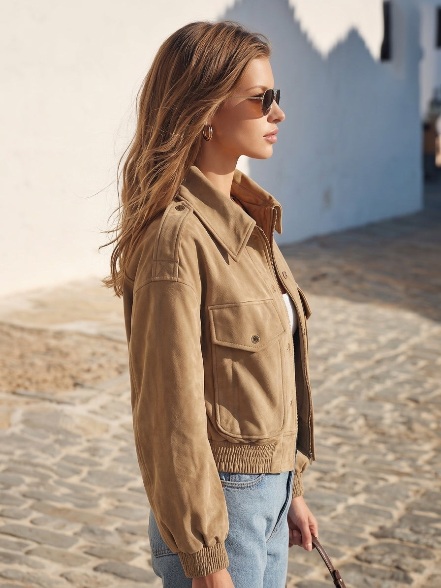 Retro Street Vibe Khaki Suede Effect Cropped Bomber Jacket