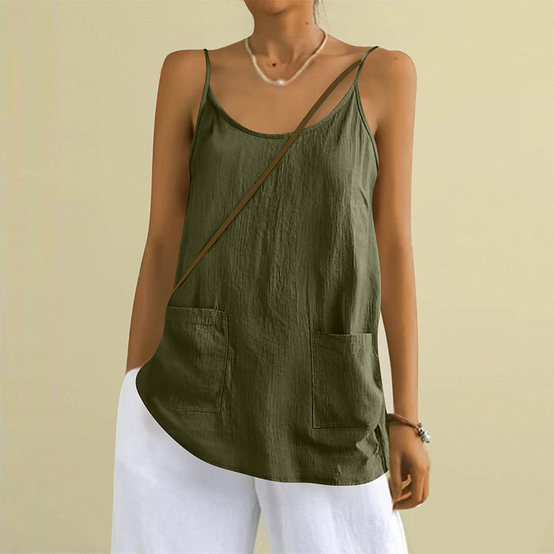 Women's Solid Color Sleeveless Linen Blend Pocket Camisole