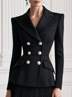 Double-Breasted Blazer & Pleated Midi Skirt Suit Set