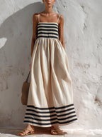 Black And Beige Stripe Spaghetti Strap Maxi Dress