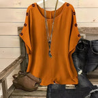 Women's Solid Color Round Neck Loose Button Design T-shirt