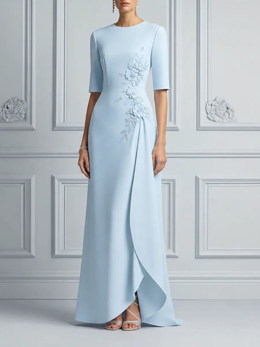 Blue Dress Fall Wedding Guest Dress Floral Appliqué Overlap Maxi Dress