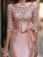 Lace-Bodice Bow-Waist Pencil Midi Dress