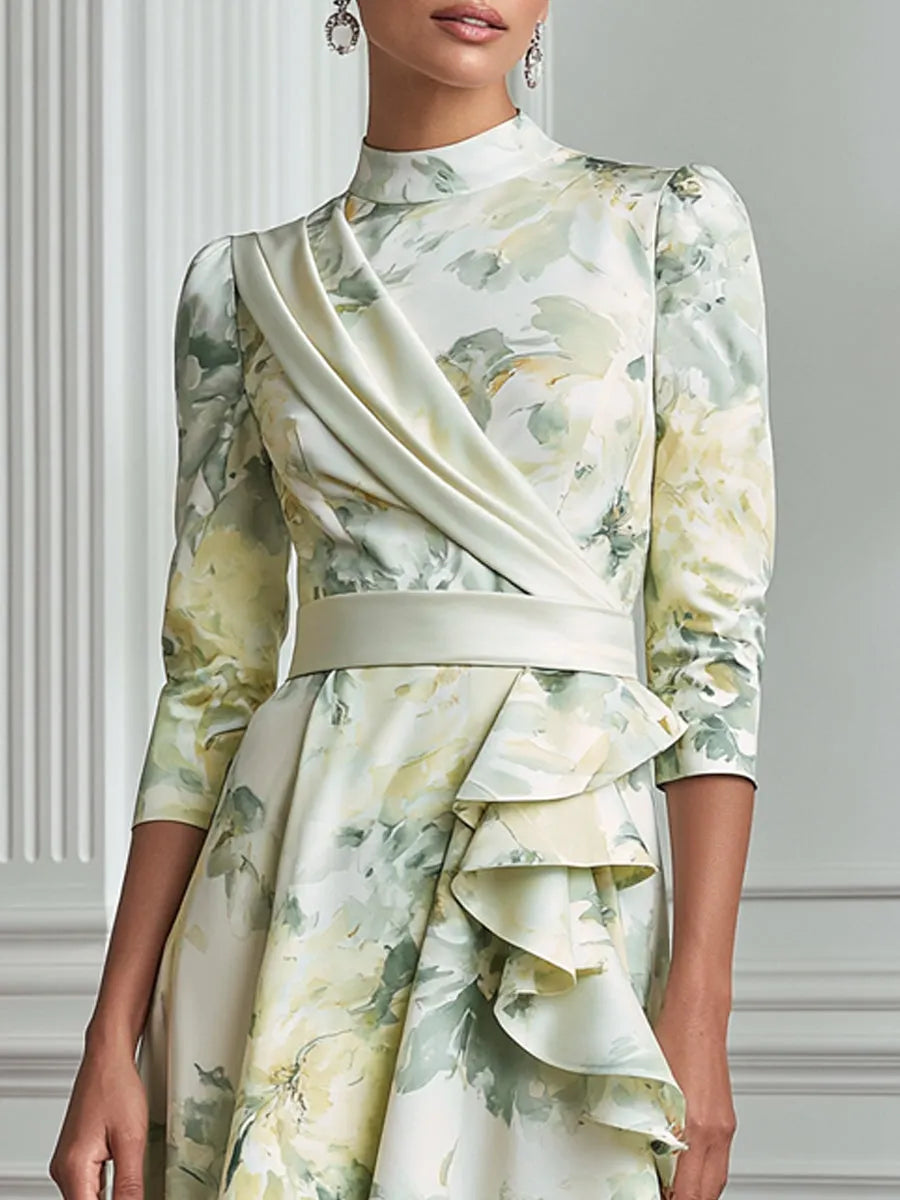 Watercolor Floral Print Ruffle Trim Acetate Satin Maxi Dress