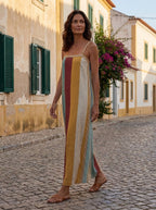 Bohemian Style Striped Color Block Spaghetti Strap Long Dress
