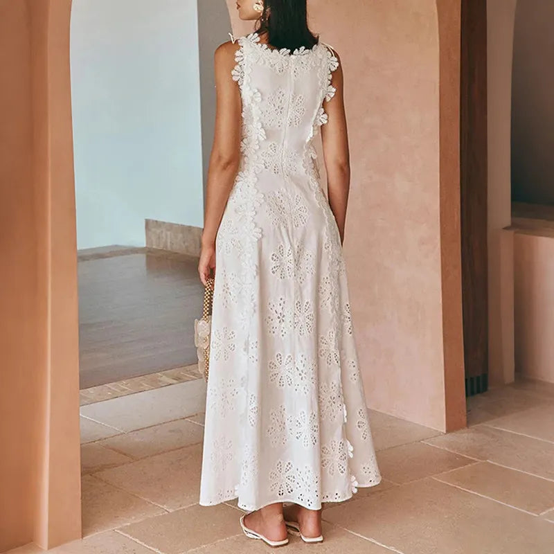 Women's Delicate Lace Hook And Lace Up Sides Maxi Dress