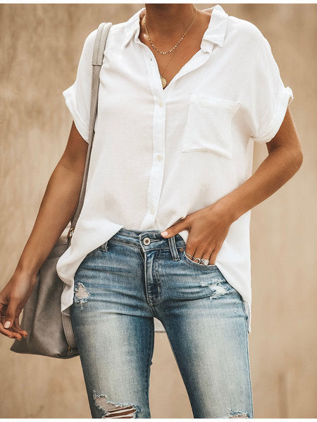Solid Color Batwing Sleeve Pocket Shirt