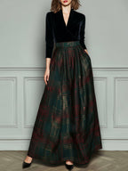 Elegant High Waist Velvet And Plaid Evening Gown With Full Skirt