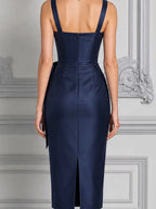 Navy Dress Fall Wedding Guest Dress Satin Rosette Pencil Midi Dress