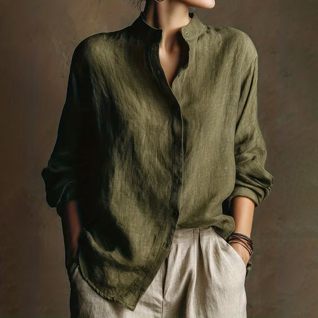 Vintage Loose Cotton Linen Stand Collar Long Sleeved Shirt