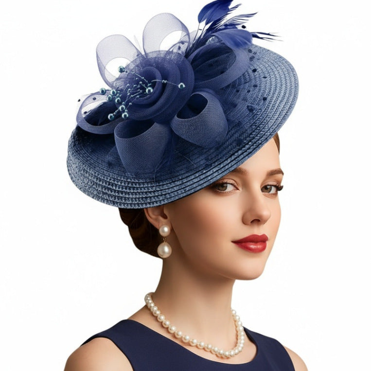 Mesh Floral Straw Feather Headdress Hat