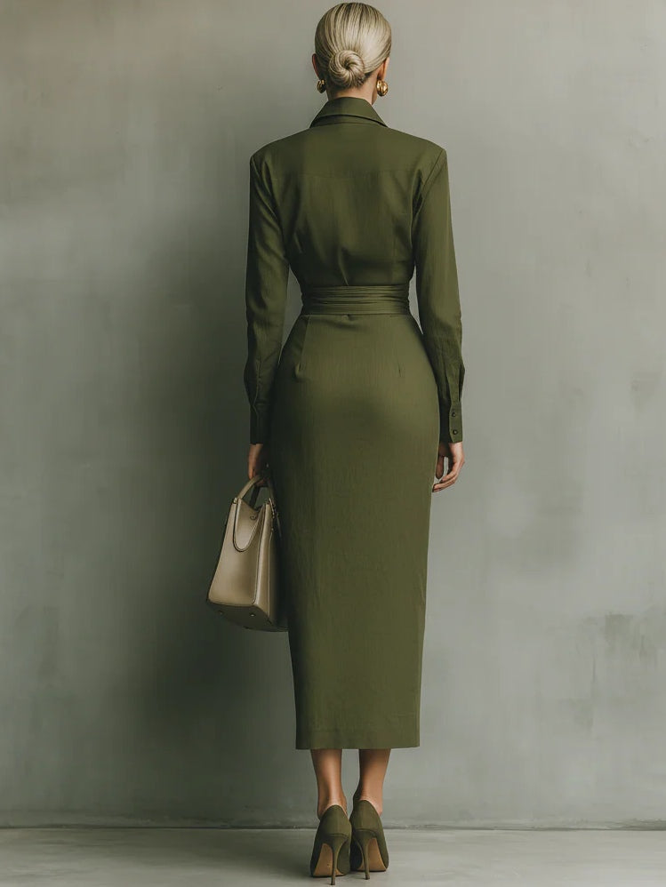 Army Green Cotton Blended Maxi Dress