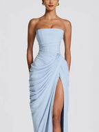 Chiffon Back Lace-up Asymmetrical Pleats Strapless Slit Maxi Dress