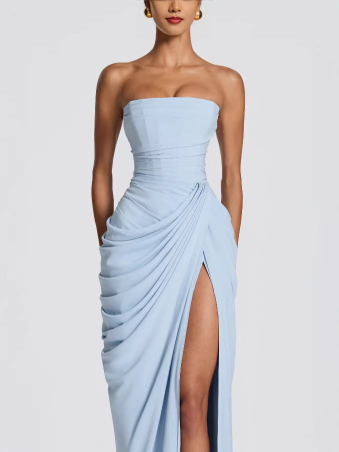 Chiffon Back Lace-up Asymmetrical Pleats Strapless Slit Maxi Dress