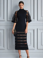 Mock Neck Floral Lace Flutter Sleeve Sheer-Stripe Hem Bodycon Midi Dress