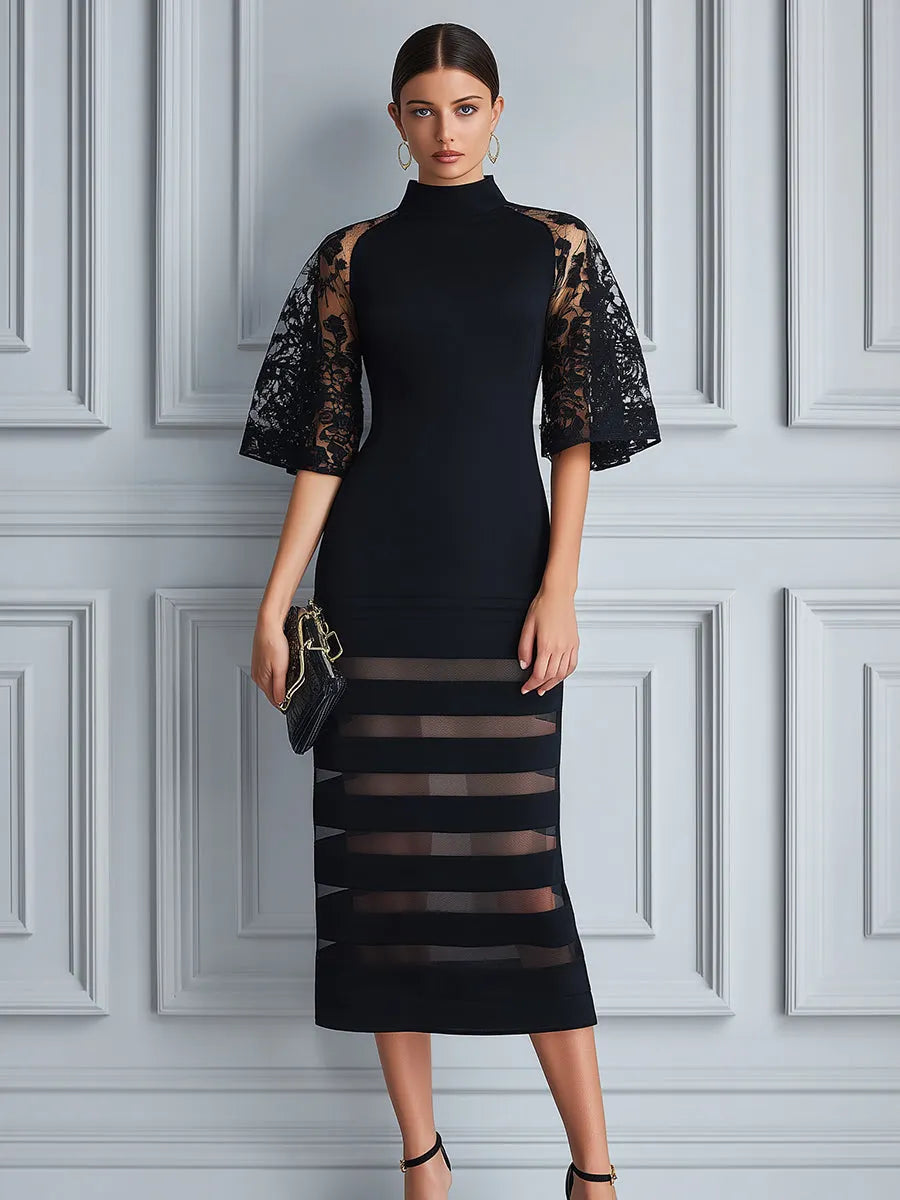 Mock Neck Floral Lace Flutter Sleeve Sheer-Stripe Hem Bodycon Midi Dress