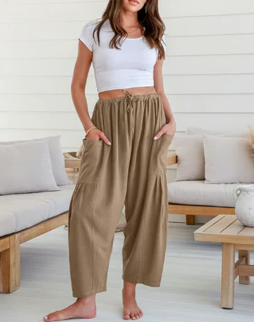 Womens Linen Wide Leg Pants Casual Loose Beach Palazzo Harem Pants with Pockets Summer Outfit