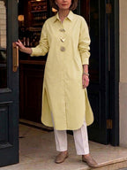 Casual Long-sleeve Cotton Long Shirt With Side Slits