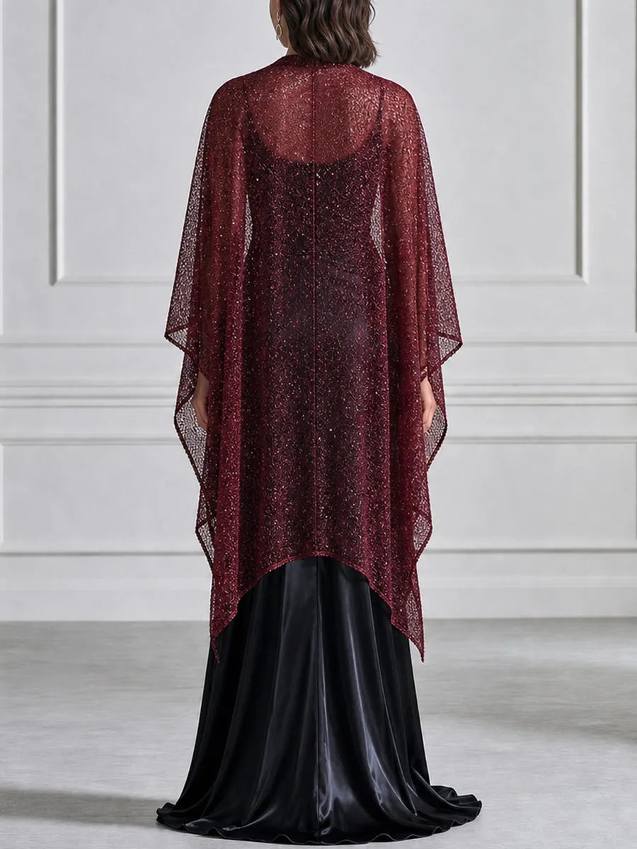 Ruched Satin Maxi Evening Gown With Glitter Mesh Shawl