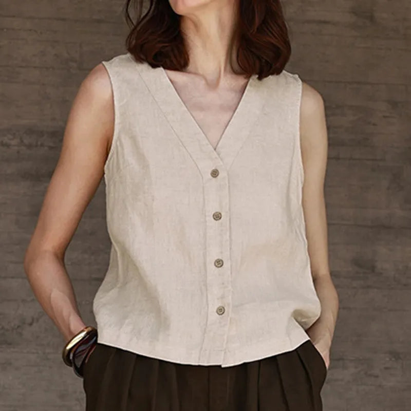 Women's Solid Color Cotton-linen Button-up Vest