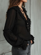 Vintage Black Ruffle Long Sleeve Blouse With Lace Trim