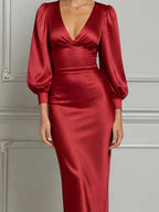 Red Dress Fall Wedding Guest Dress Satin Puff Sleeve Maxi Dress