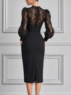 Black Lace Dress Fall Wedding Guest Dress Puff Sleeve Pencil Midi Dress
