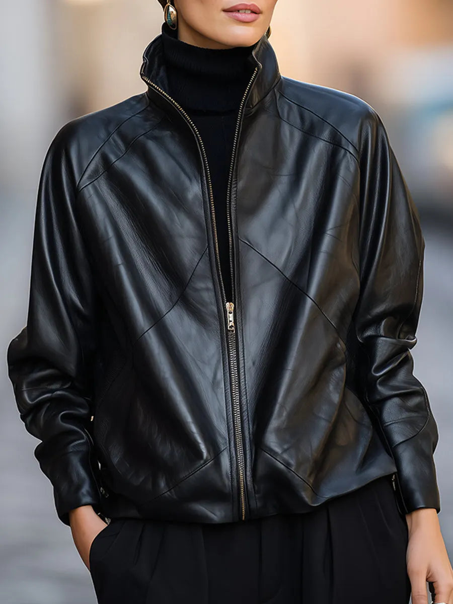 High-Neck Zip-Front Faux Leather Button Cuffs Jacket