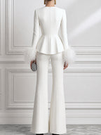 Feather-Cuff Long Sleeve Peplum Top & Flare Pants Two-Piece Set