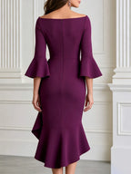 Bell Sleeve Asymmetrical Ruffle Formal Evening Gown