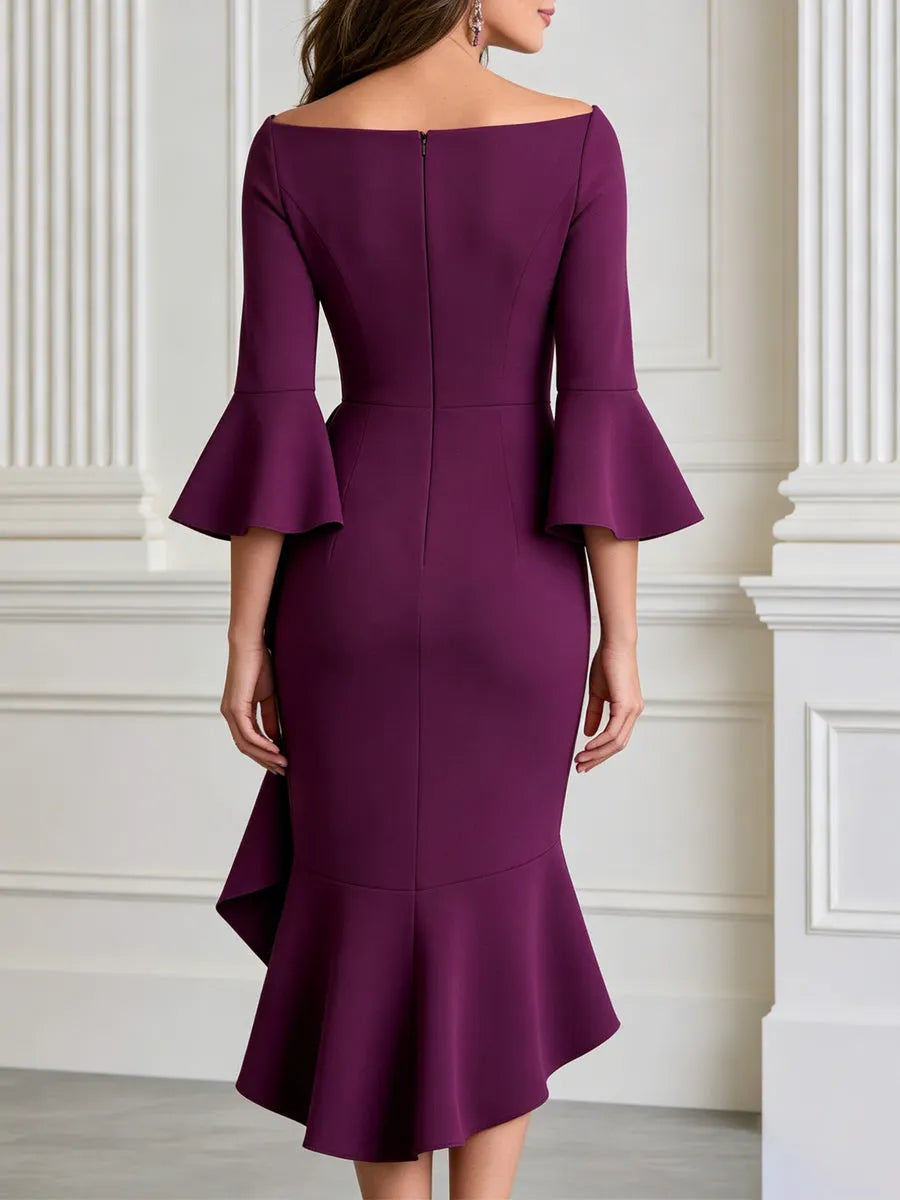 Bell Sleeve Asymmetrical Ruffle Formal Evening Gown