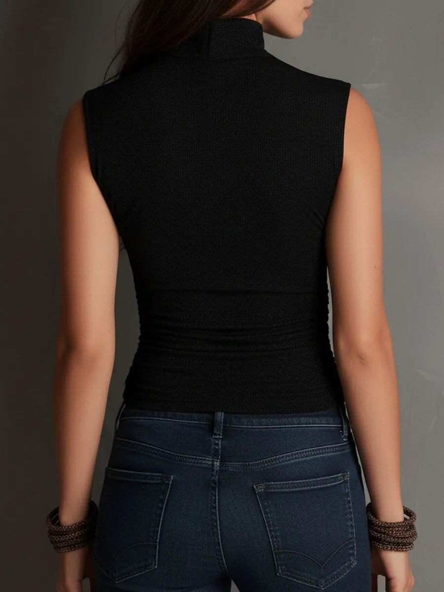 Stand Collar Black Shimmer Ribbed Ruched Button-Front Top