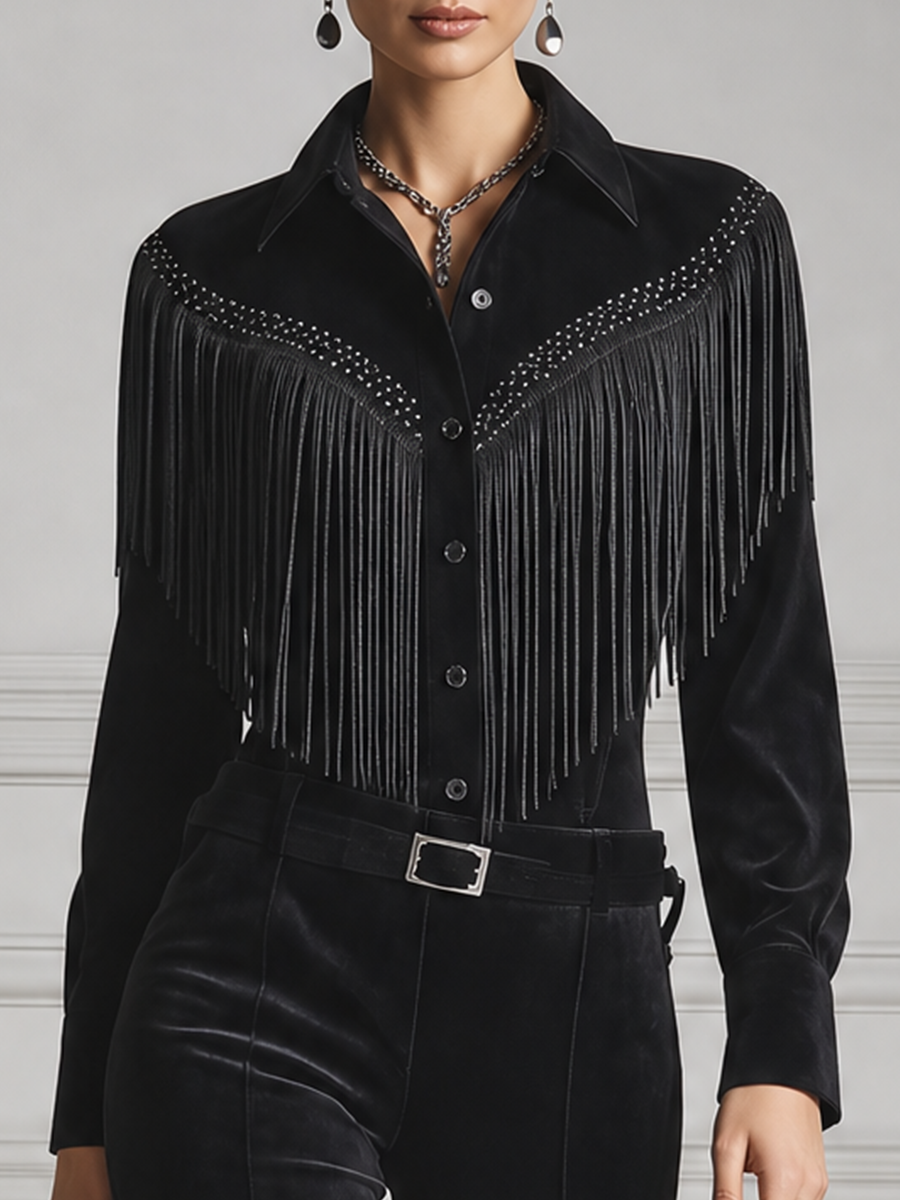 Black Studded Fringe Button Front Blouse