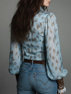 Retro Leopard Print Fitted Blouse With Lace Trim