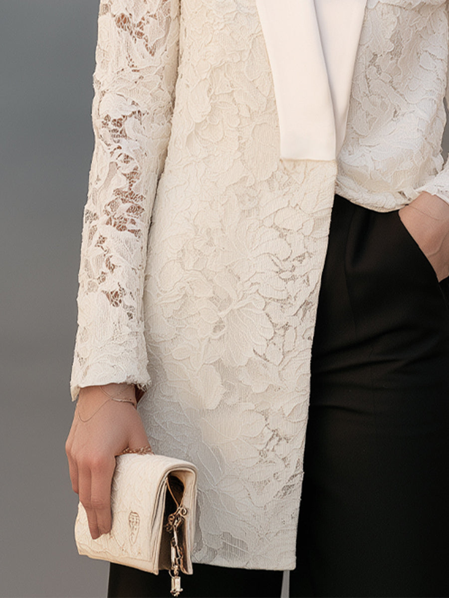 Satin Shawl Collar Floral Lace Blazer